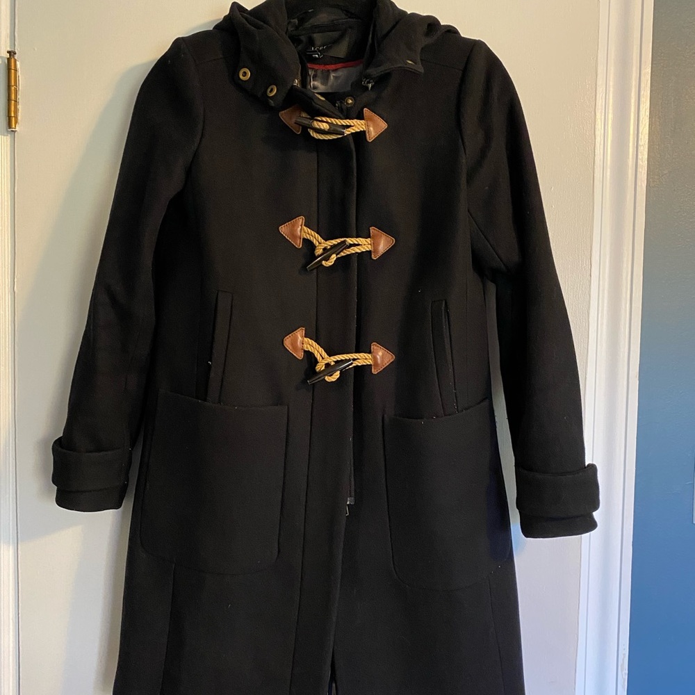 J. Crew Black Wool Blend Full Zip Peacoat w/Detachable Hood Size 2.